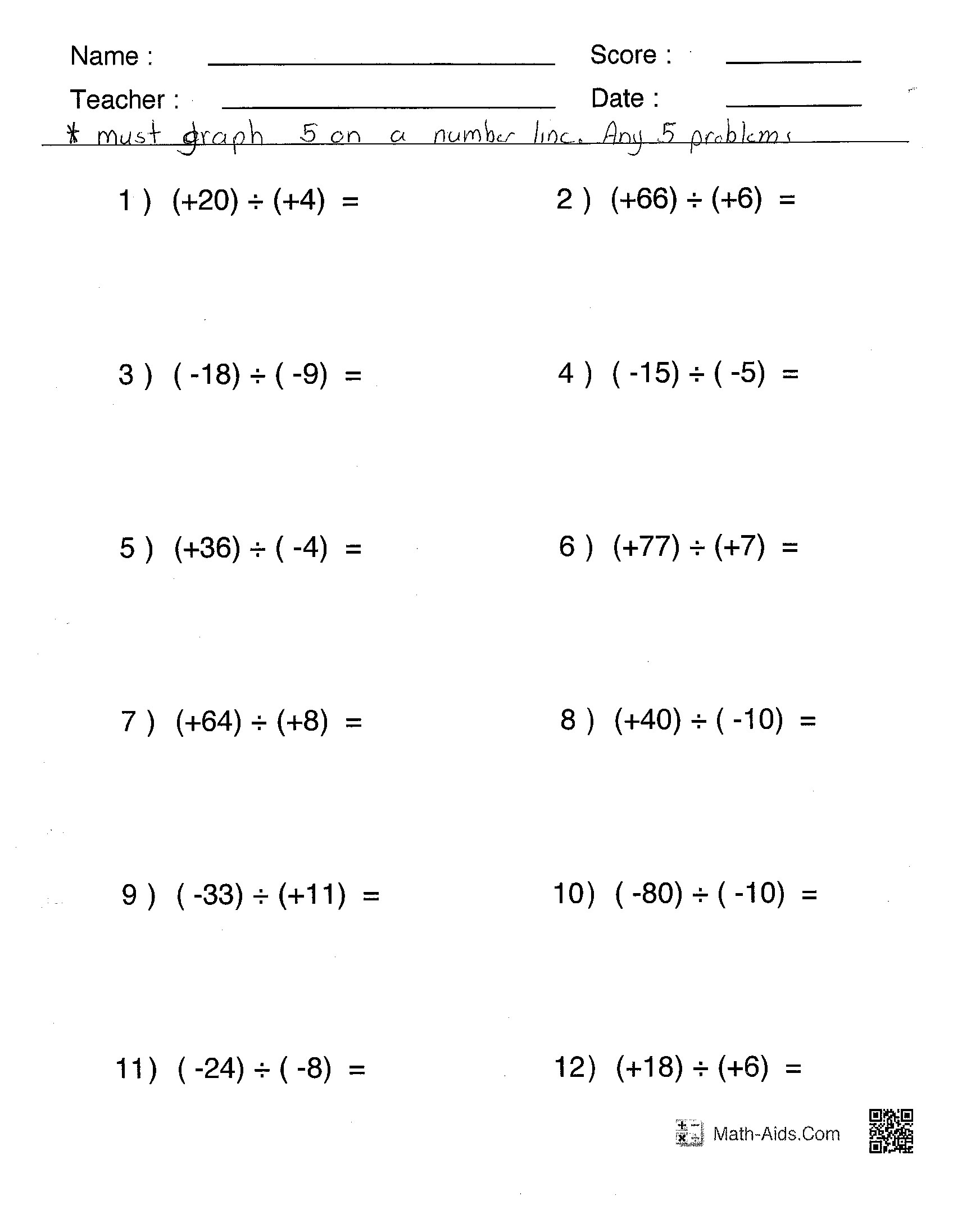 Multiplication Dividing Integers Worksheets 1288612