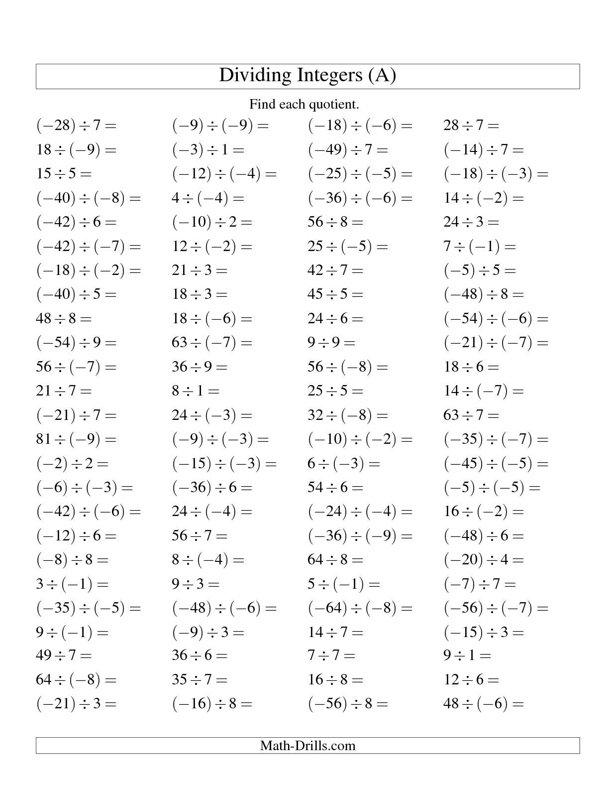 Multiplying And Dividing Integers Worksheets Printable 1343529