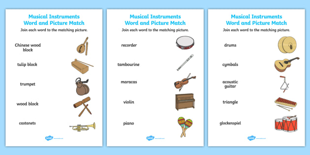Musical Instruments Word And Picture Matching Worksheet