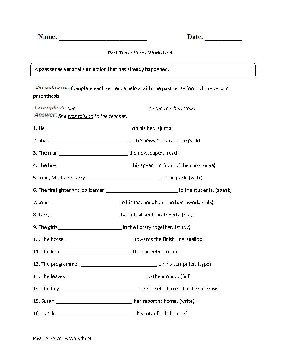 Past Tense Verb Worksheets 578136