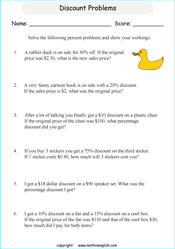 Percentage Worksheet For Grade 6 Math Involving Discount Problems