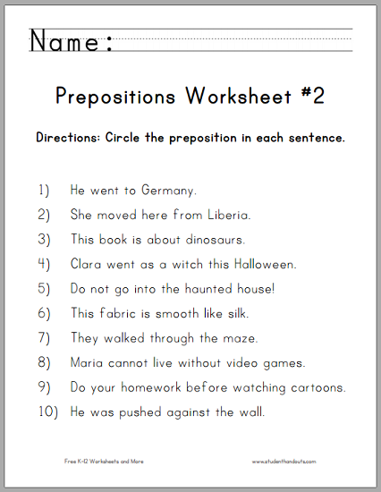 Preposition Worksheets Circle The Prepositions Worksheet For First
