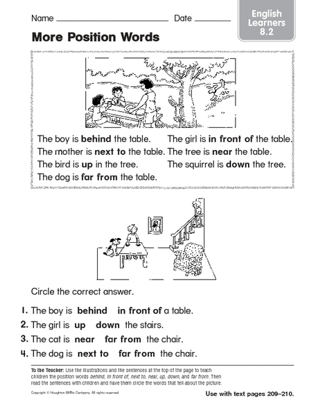 Preschool Worksheets Positional Words