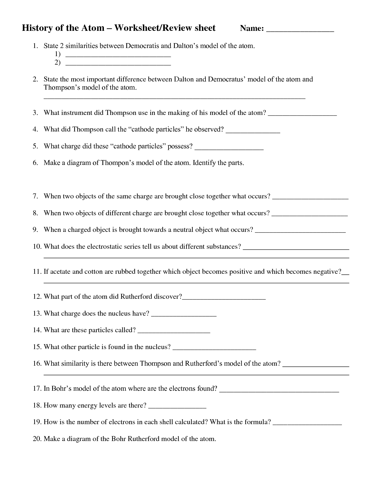 Printables Of History Of The Atom Worksheet Answers