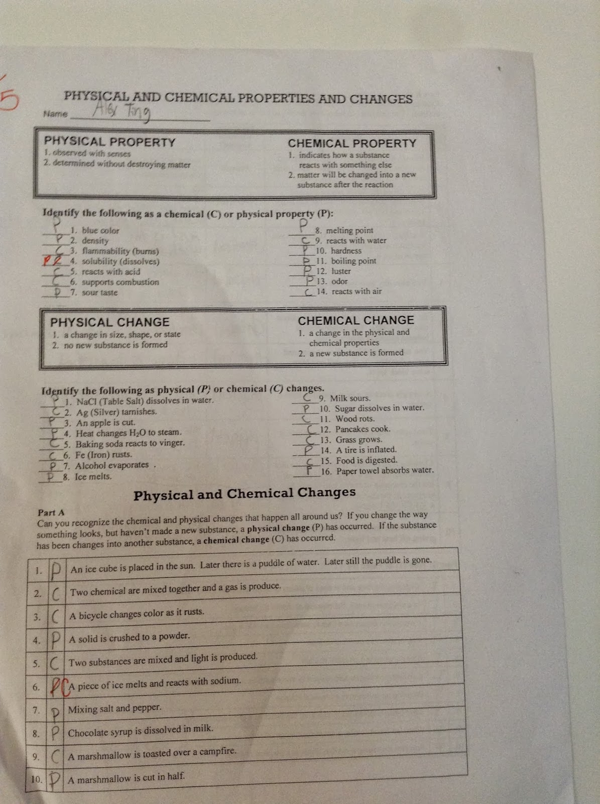 Printables Of Matter Properties And Changes Worksheet Answers