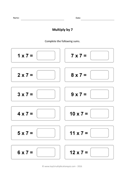 Seven Times Table Worksheets