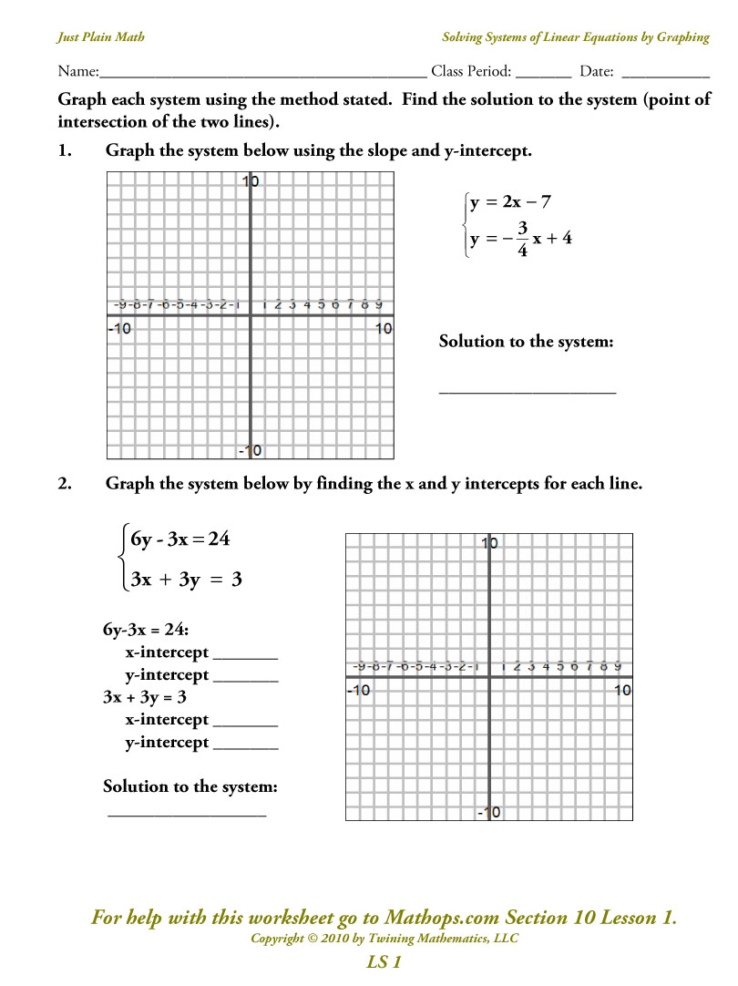 Solving Word Problems Using Systems Of Linear Equations Worksheet