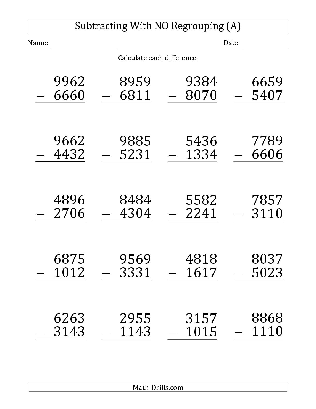 Subtracting 4 Digit Numbers Worksheets