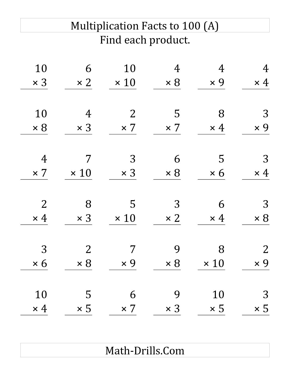 The Multiplication Facts To 100 No Zeros Or Ones 36 Questions Per