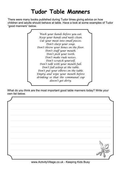 Tudor Table Manners Worksheet