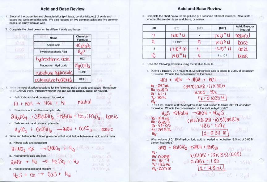 Unit 8  Acids And Bases, Acid And Base Worksheet Answers