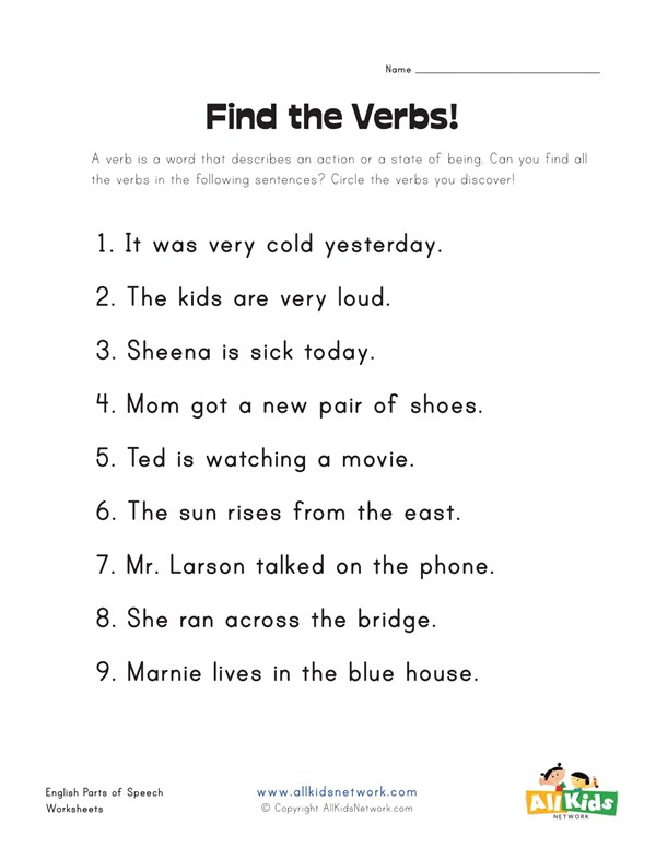 Verbs Worksheets Find The Verbs Worksheet All Kids Network Ideas