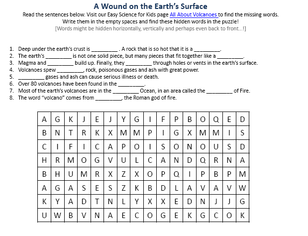 Volcano Earth Science Facts Worksheet Image