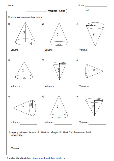 Volume Of A Cone Worksheet 753597
