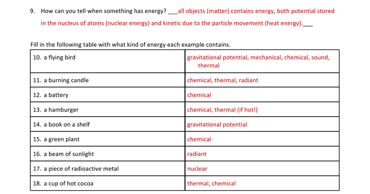 Worksheet Energy Transformations 1408202