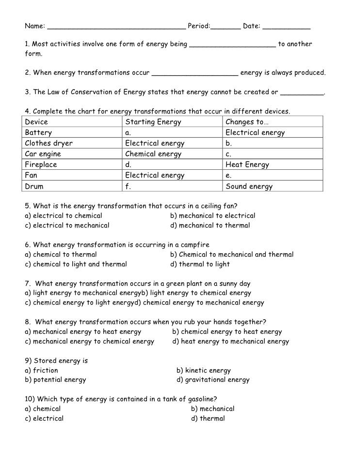 Worksheet Energy Transformations 1408205 | Free Worksheets Samples