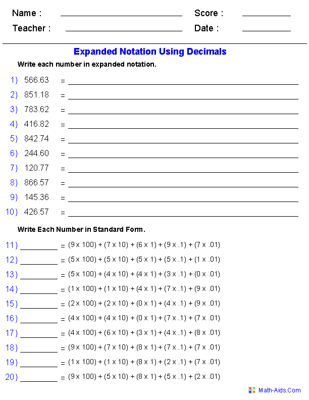 Worksheet For Place Value Of Decimals 379797
