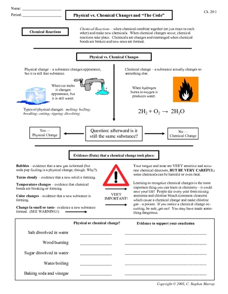 Worksheet On Chemical Vs Physical Properties And Changes Answer