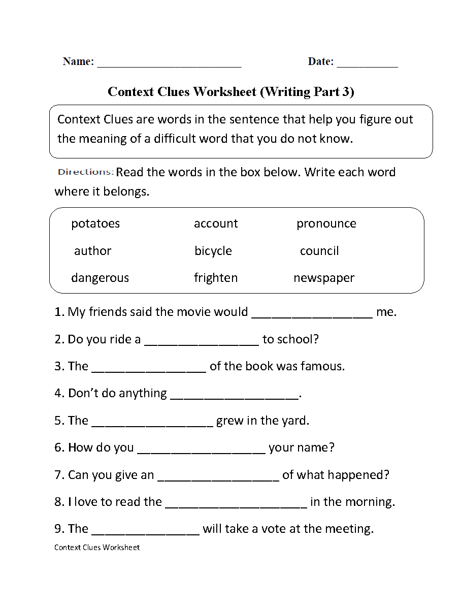 Worksheets For Context Clues Grade 3 1287937