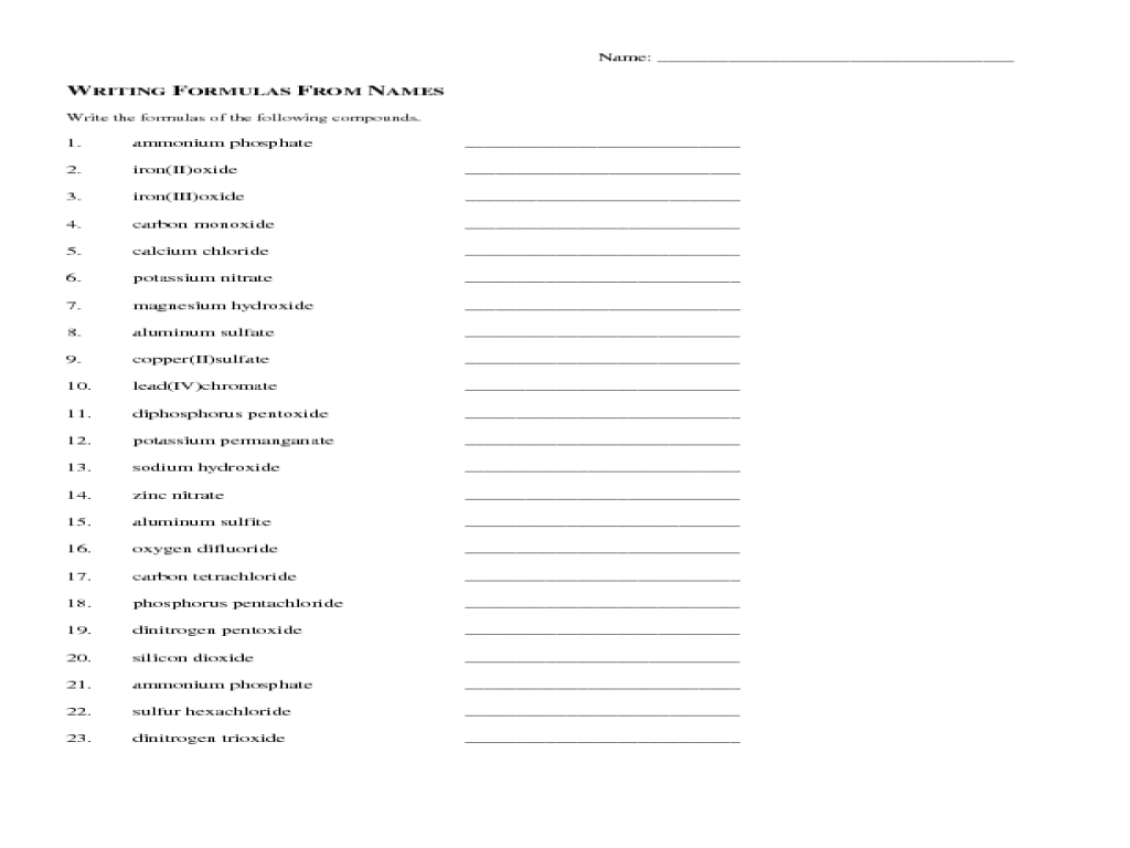 Writing Chemical Formulas For Compounds Worksheet 630680 | Free ...
