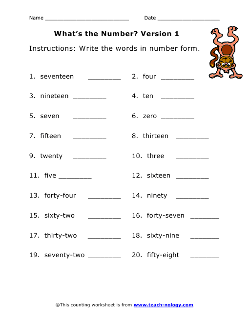 Writing Numbers Worksheet Write The Words In Number Form Version 1