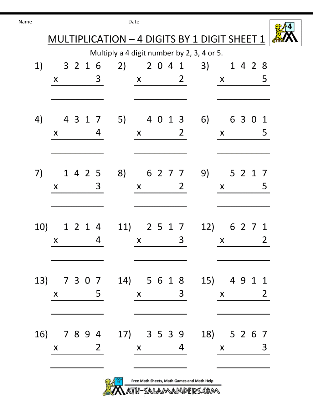 4 Digit By 1 Digit Multiplication 1207358