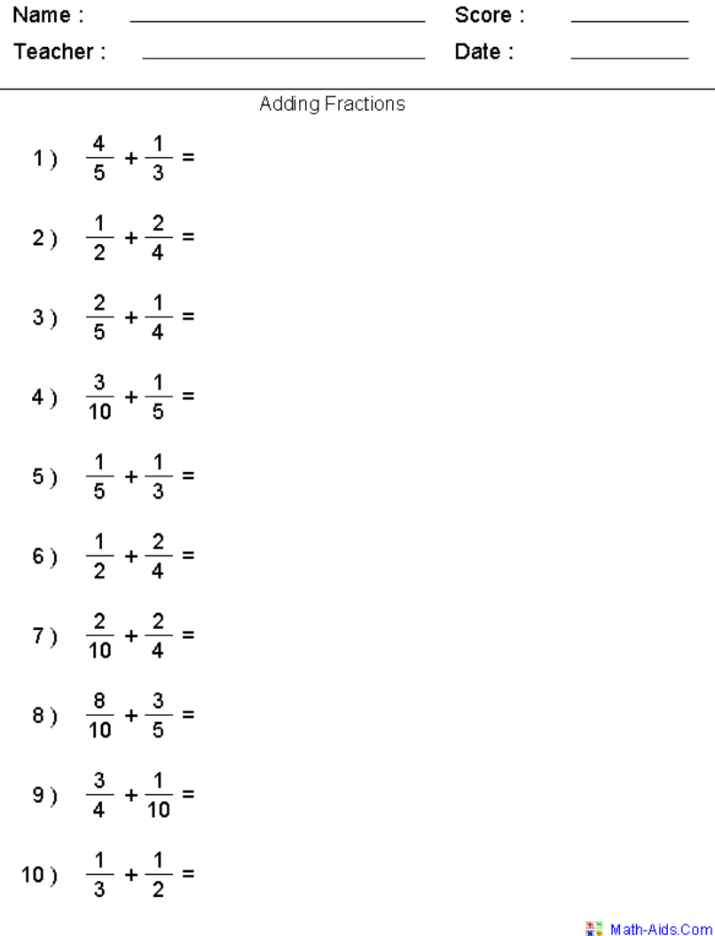 6th Grade Math Worksheets On Adding And Subtracting Fractions
