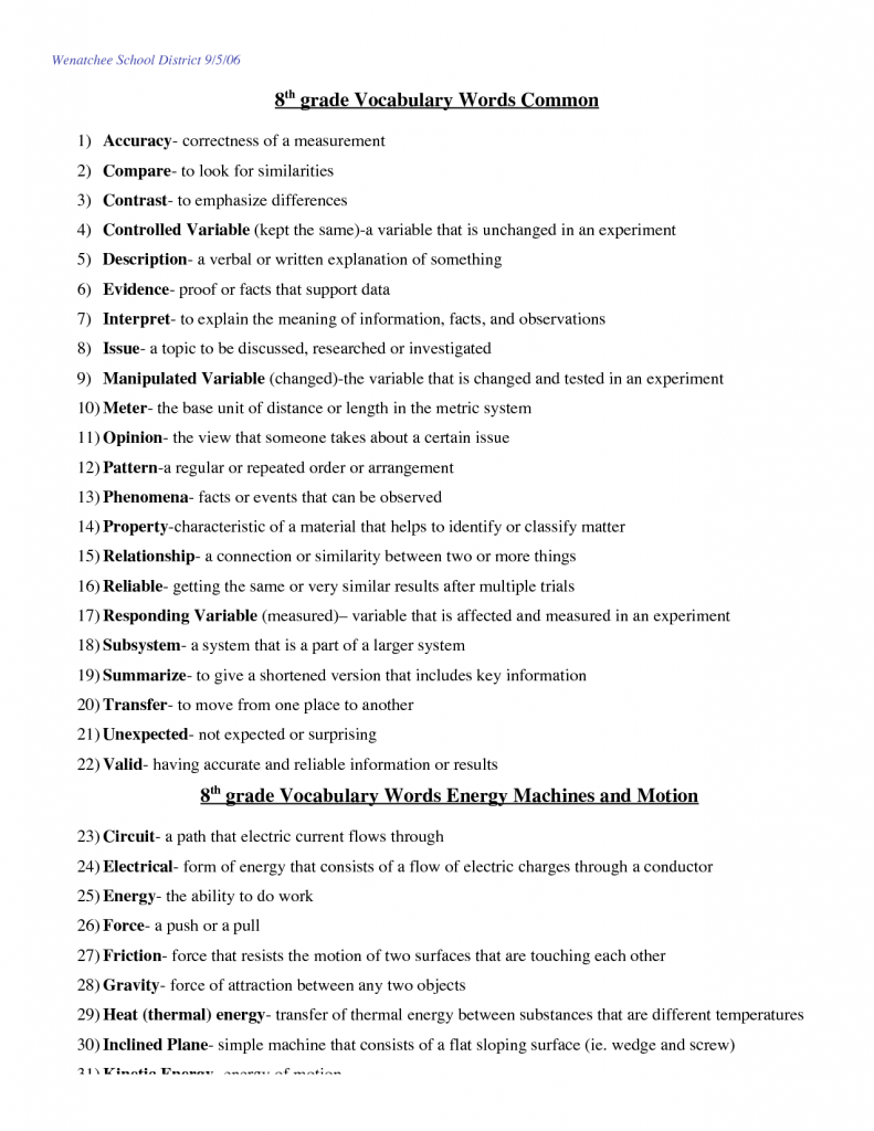 8th Grade Vocabulary Worksheets  1336034