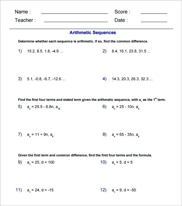 Arithmetic Sequence Worksheet Pdf