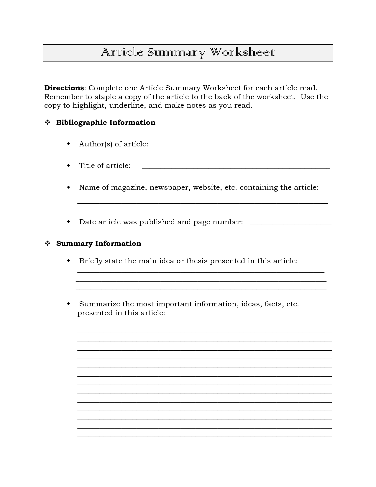 Article Summary Worksheet