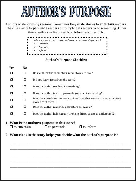 Authors Purpose Worksheets 3rd Grade Worksheets For All
