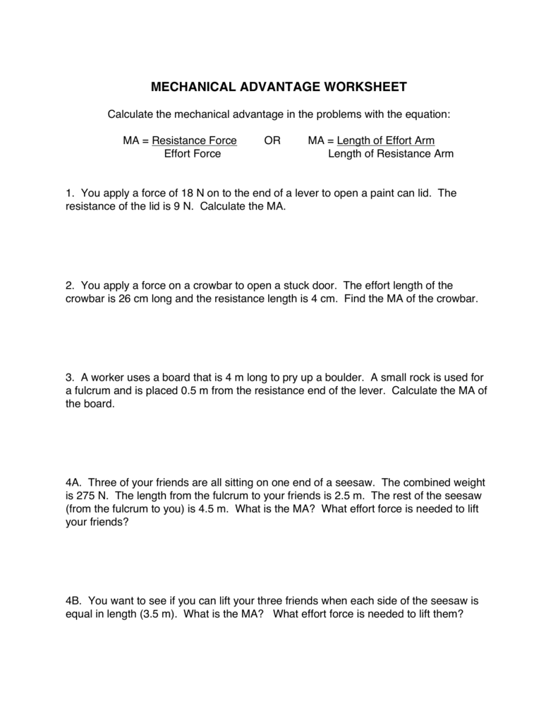 Calculating Mechanical Advantage Worksheet 2088847