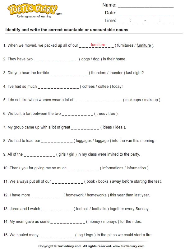 Countable And Uncountable Nouns Worksheet The Best Worksheets