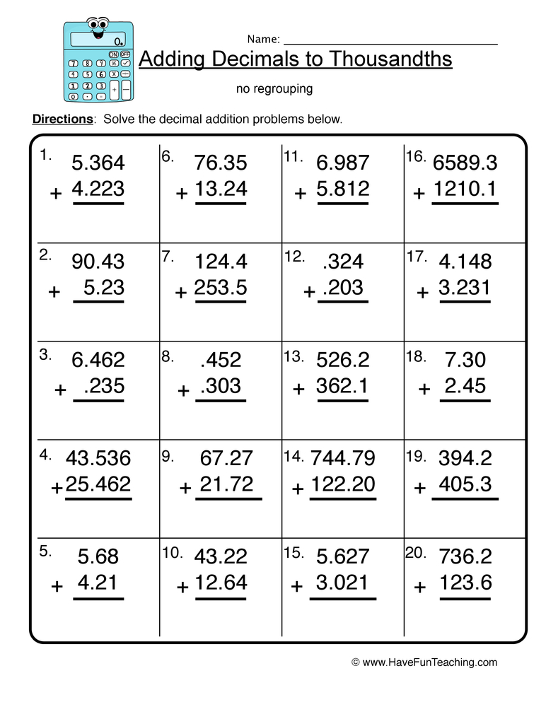 Decimal Addition Thousandths Worksheet 1, Adding Decimals