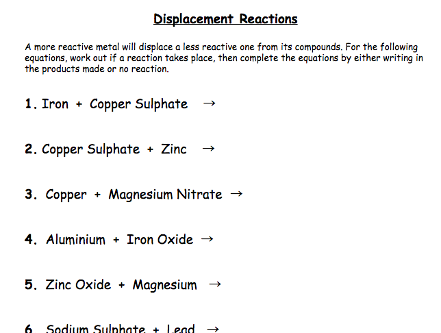Displacement Reaction Worksheet