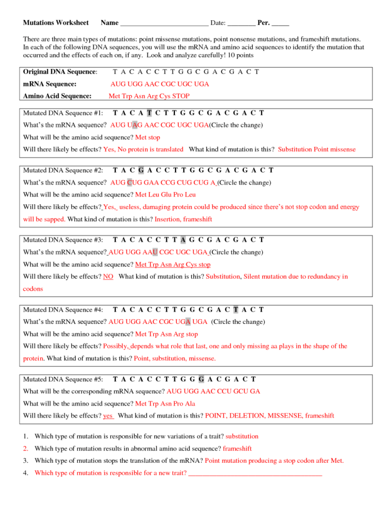 Dna Mutations Practice Worksheet Answers