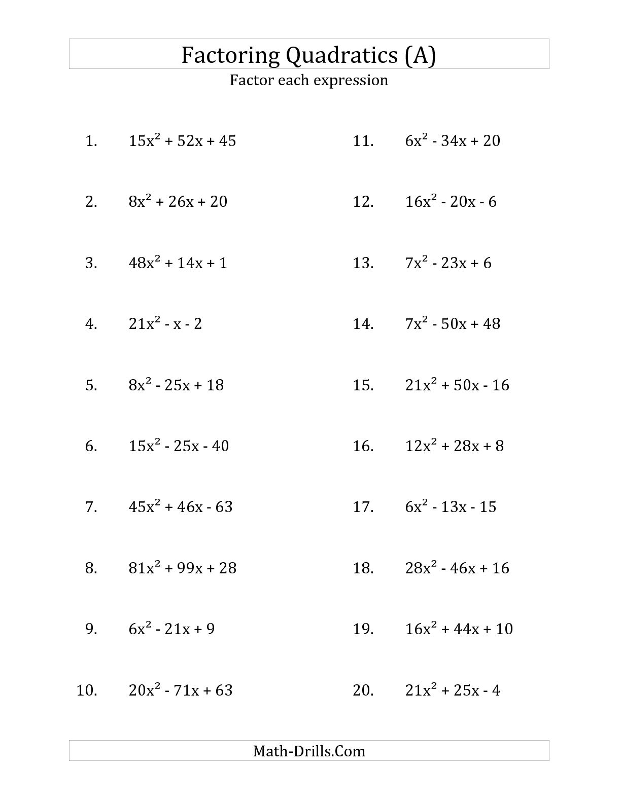 Factoring Quadratic Trinomials Worksheet  7276