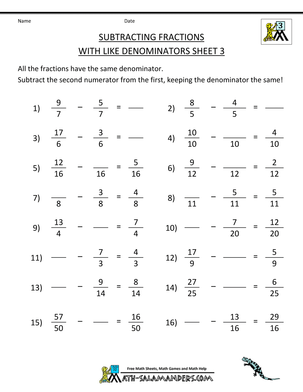 Worksheet On Fractions Year 7