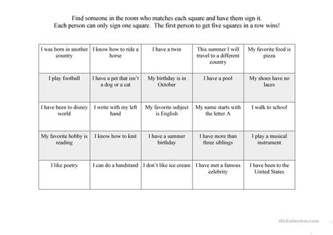 First Day Ice Breaker Bingo Worksheet