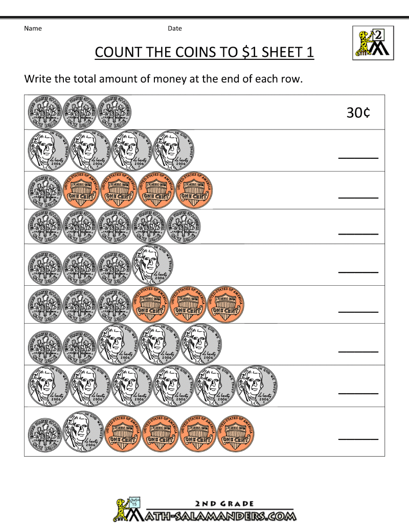 First Grade Math Worksheets Counting Money  900152