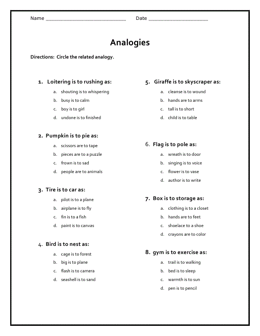 Free Analogy Worksheets For Middle School