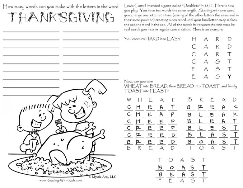 Fun Page Activities Thanksgiving Placemat Turkey Kids Answers