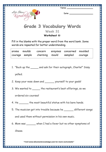 Grade 3  Vocabulary Worksheets Week 31