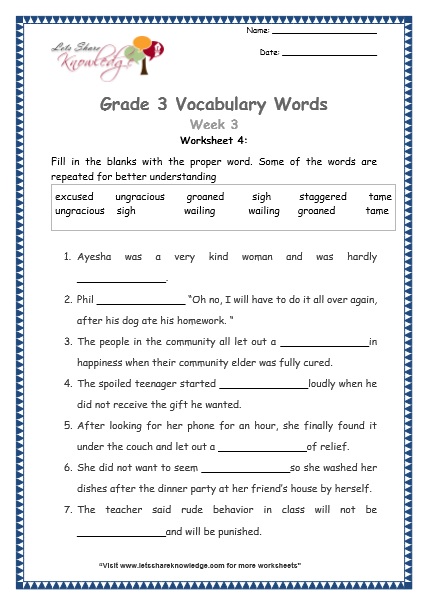 Grade 3  Vocabulary Worksheets Week 3