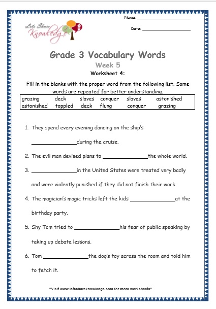 Grade 3  Vocabulary Worksheets Week 5