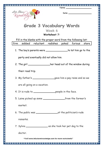 Grade 3  Vocabulary Worksheets Week 6