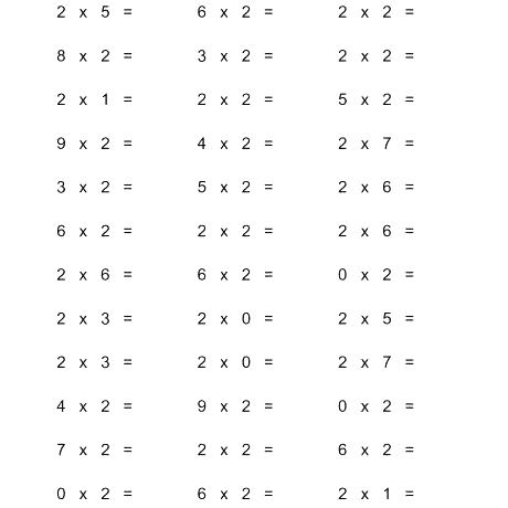 Horizontal Multiplication Facts Questions 2 By 0 9 A Worksheets