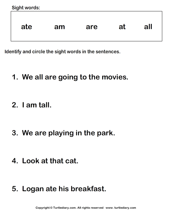 Identify Sight Words Ate Am Are At All Worksheet