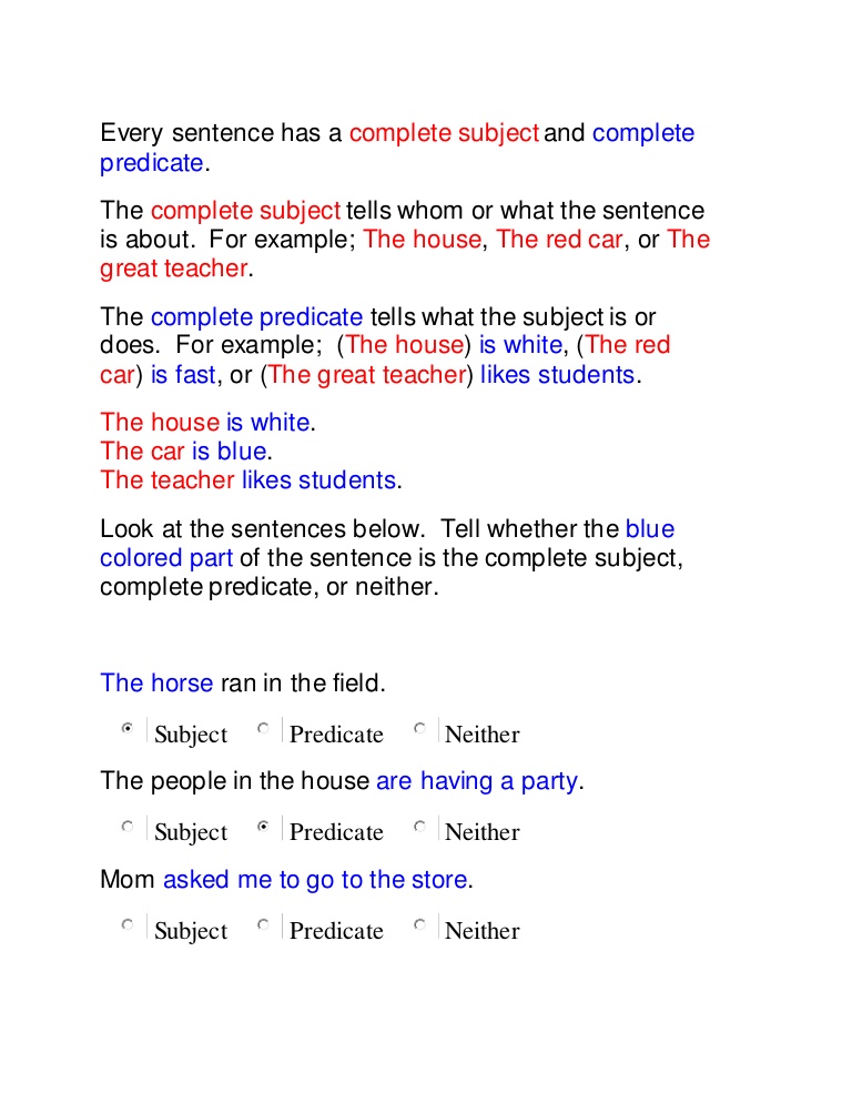 Identifying Subjects And Predicates Worksheet