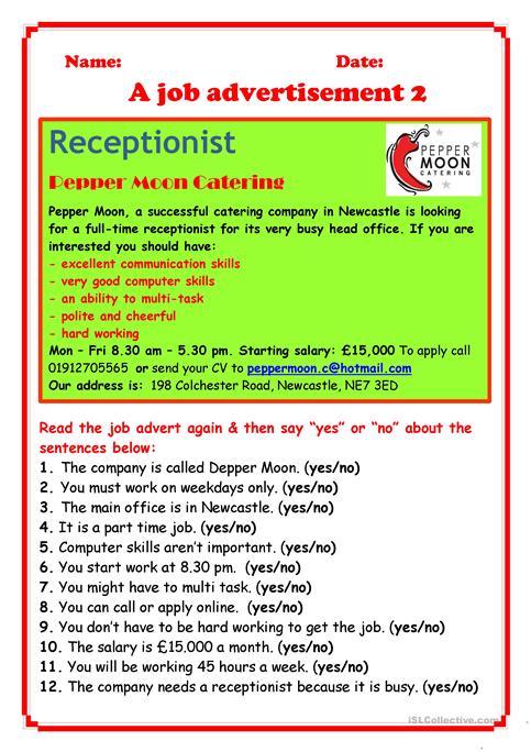 Job Advertisement 2 Worksheet